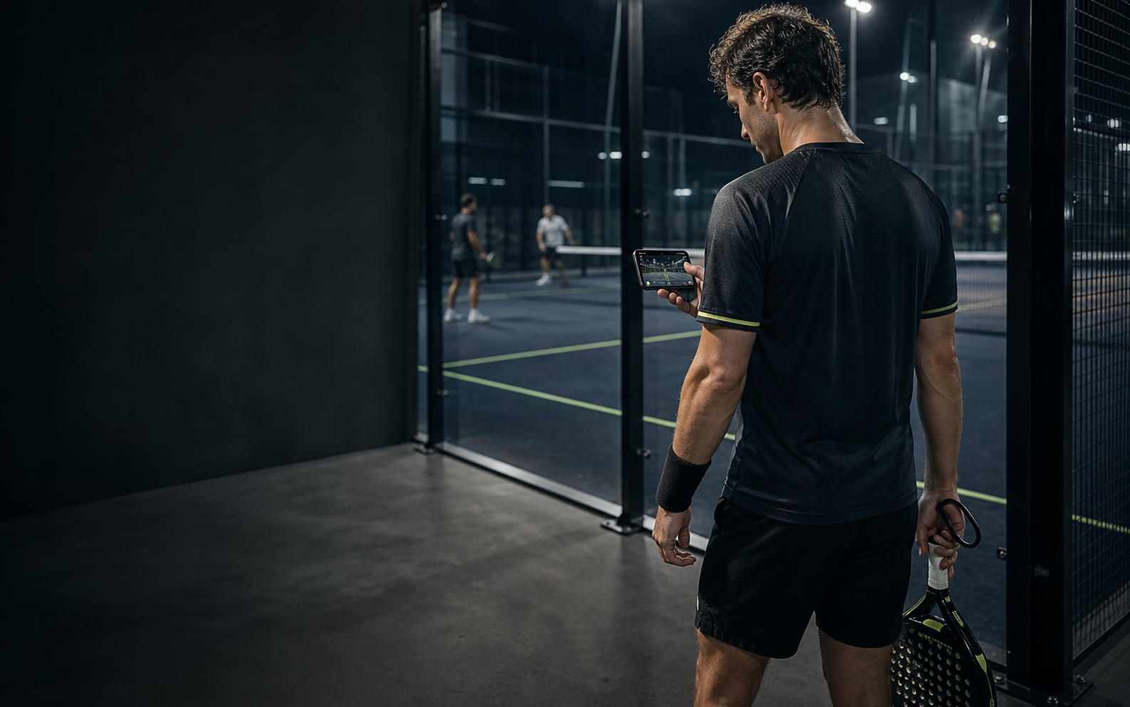 Padel player reviewing match analysis beside a court